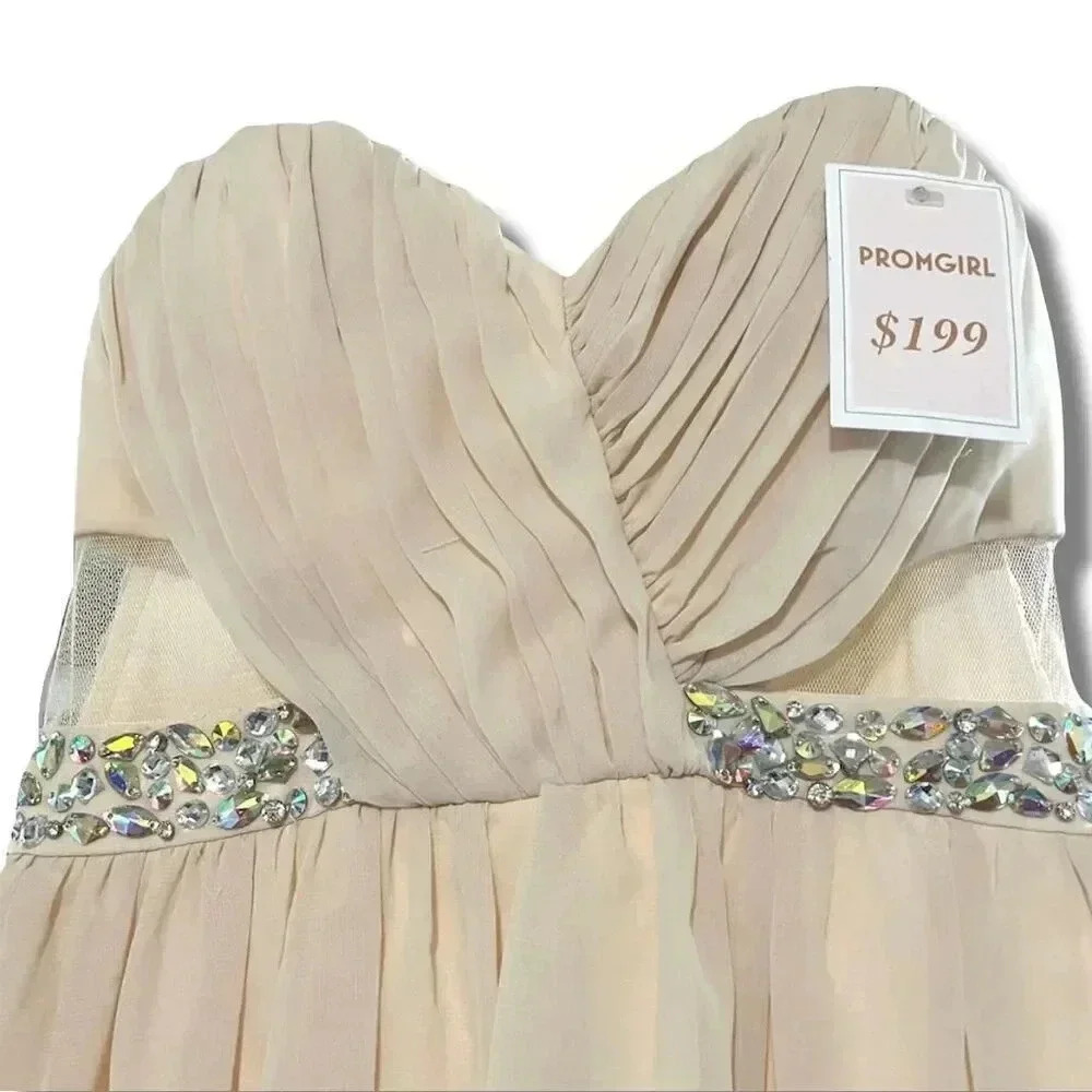 MASQUERADE Beige Strapless Mini Prom Dress Beaded Waistband Sweetheart Size 3/4 - Picture 6 of 12